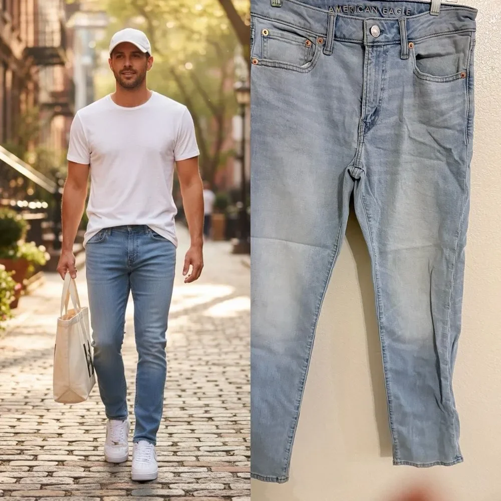 American Eagle Slim Straight Jeans Mens 31x32 Light Wash Stretch Denim